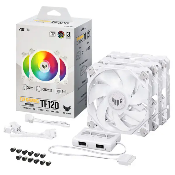 AsUs Tuf Gaming White Heroic Light Tf120 ανεμιστήρας πλαισίου 3 τεμάχια Argb ανεμιστήρα με ελεγκτή φωτισμού Tuf Gaming Tf120 Argb 3in1